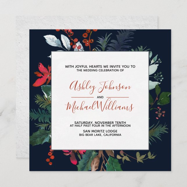 Moody Burgundy & Navy Blue Floral Frame Wedding Invitation (Front/Back)