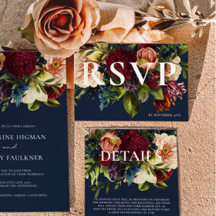 Moody Burgundy Navy Blue Winter Floral Wedding RSVP Card