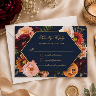 Moody Burgundy Orange Rust Navy Floral Wedding RSVP Card