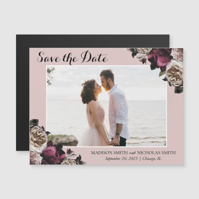 Moody Burgundy & Pink Floral Save The Date Magnets (Front/Back)