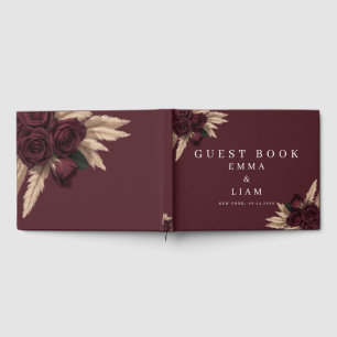 Moody Burgundy Rose Pampas Grass Wedding Guest Book
