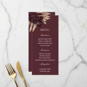 Moody Burgundy Rose Pampas Grass Wedding Menu Card