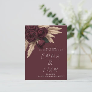 Moody Burgundy Rose Pampas Grass Wedding Welcome  Postcard