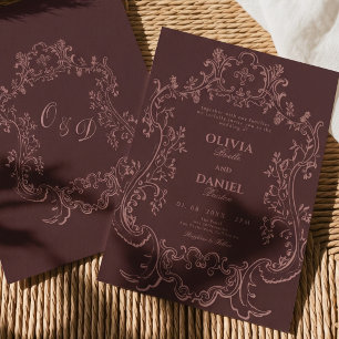 Moody Burgundy Vintage Lace Ornate Crest Wedding Invitation