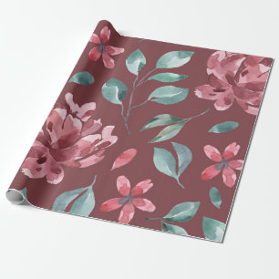 Moody Burgundy Watercolor Peony and Sage Botanical Wrapping Paper