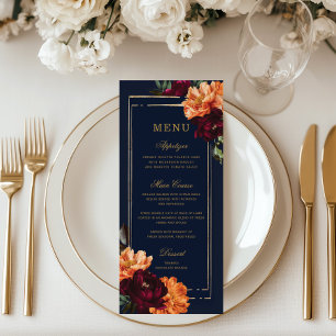 Moody Burnt Orange Burgundy Navy Floral Wedding Menu