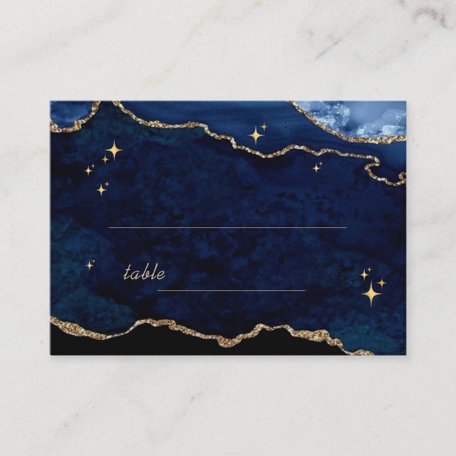 Moody Celestial Navy Blue Gold Wedding  Place Card (Front)