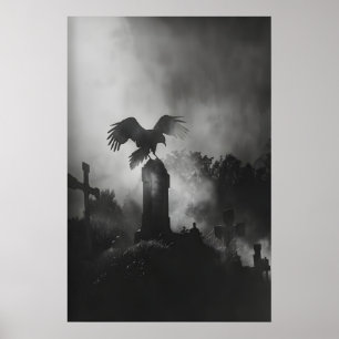 Moody Cemetery Tombstone Raven Painting, Dark Poster