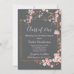 Moody Charcoal and Pink Cherry Blossom Graduation Invitation