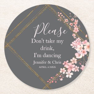 Moody Charcoal and Pink Cherry Blossom I'm Dancing Round Paper Coaster