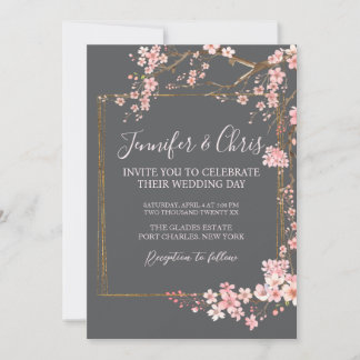 Moody Charcoal and Pink Cherry Blossom Wedding Invitation
