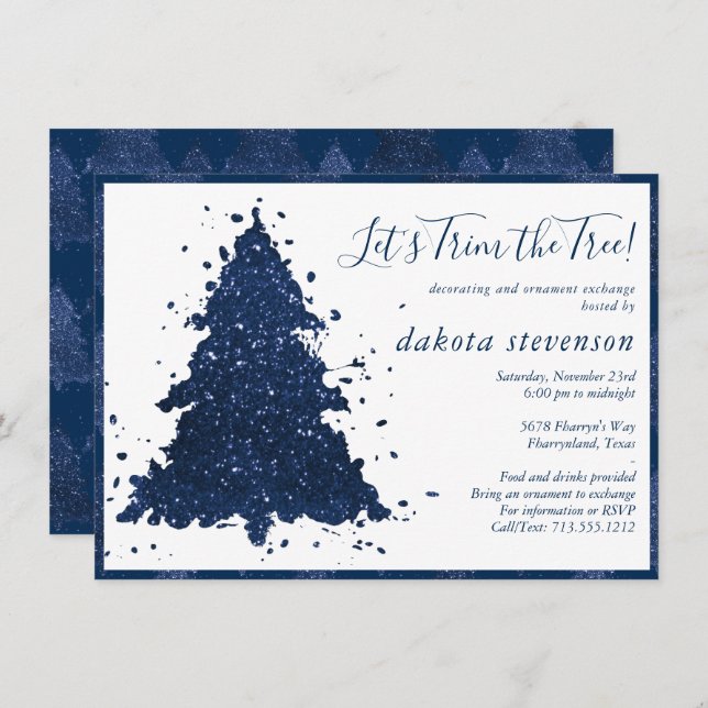 Moody Christmas | Classy Navy Blue Tree Trim Party Holiday Card (Front/Back)