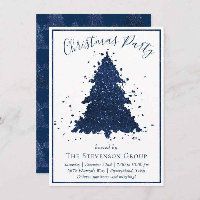 Moody Christmas Tree | Classy Dark Navy Blue Party Holiday Card (Front/Back)