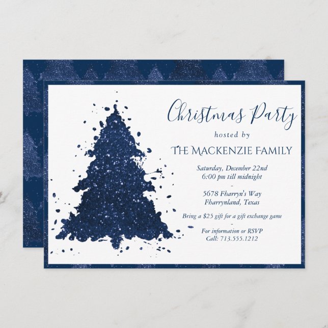 Moody Christmas Tree | Classy Dark Navy Blue Party Holiday Card (Front/Back)