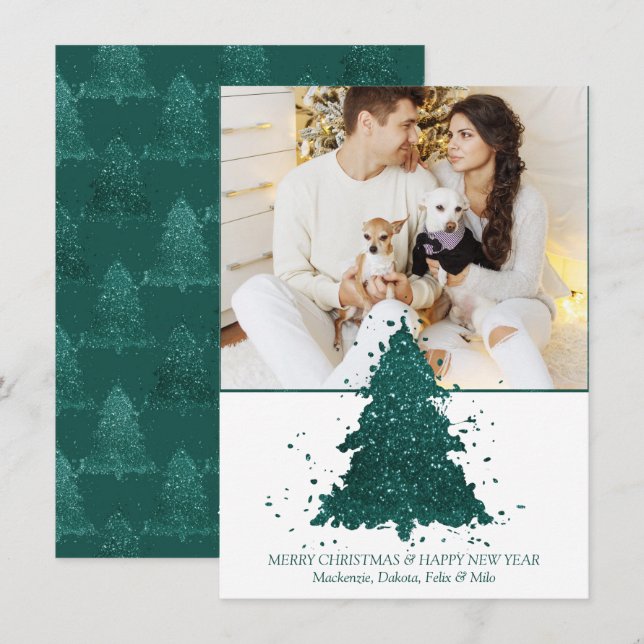 Moody Christmas Tree | Dark Midnight Teal Photo Holiday Card (Front/Back)