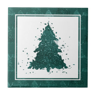 Moody Christmas Tree   Dark Midnight Teal Splatter Tile