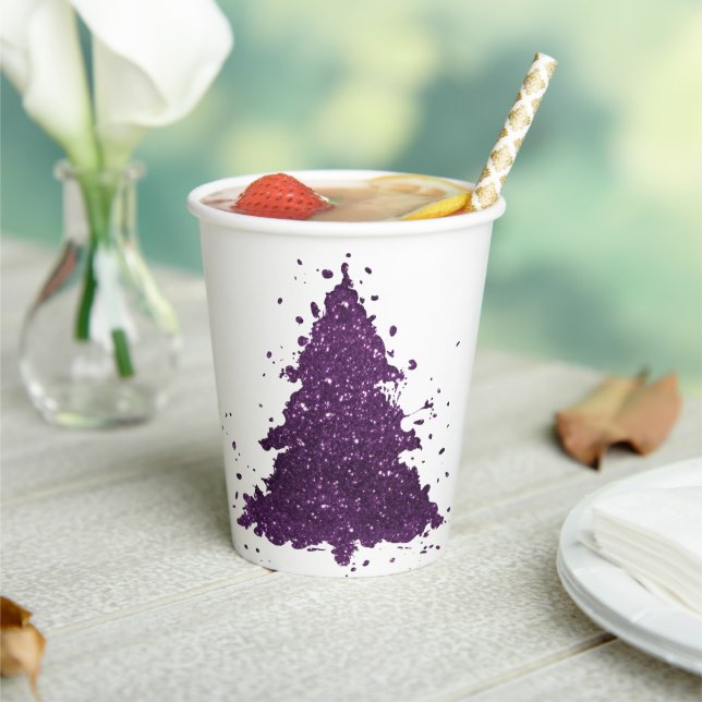 Moody Christmas Tree | Deep Plum Purple Splatter Paper Cups (Insitu)