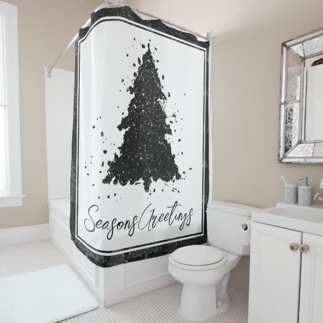 Moody Christmas Tree | Onyx Silvery Black Splatter Shower Curtain (In Situ)