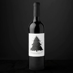 Moody Christmas Tree Onyx Silvery Black Splatter Wine Label