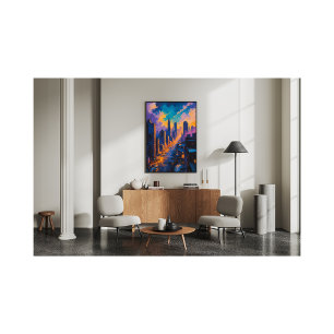 Moody Cityscape at Dusk with Neon Lights Photo Print