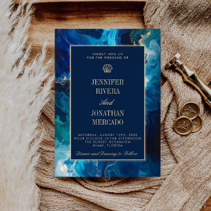 Moody Coastal Ocean Blue Elegant Beach Wedding Invitation