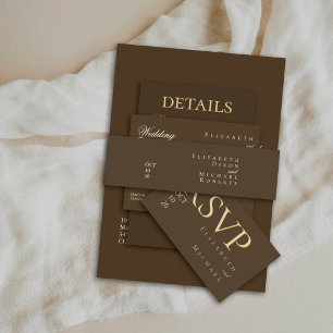 Moody Coffee Ivory Minimalist Boho Wedding Invitation Belly Band