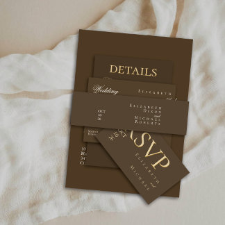 Moody Coffee Ivory Minimalist Boho Wedding Invitation Belly Band