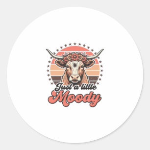 Moody Cow Retro Sunset Vintage Engraving Design_1 Classic Round Sticker