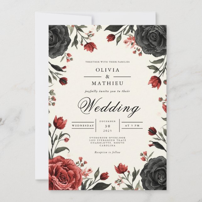 Moody Crimson Bloom Floral Wedding Invitation (Front)