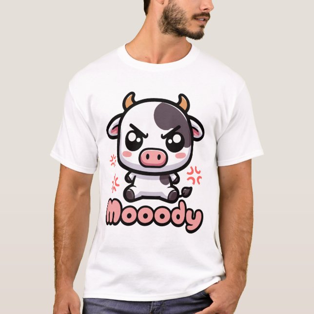 Moody! Cute Angry Cow Pun Cartoon T-Shirt (Front)
