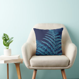 Moody Cyan and Blue Fern Cyanotype Inspired Cushion