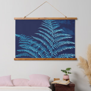 Moody Cyan and Blue Fern Cyanotype Inspired Hanging Tapestry