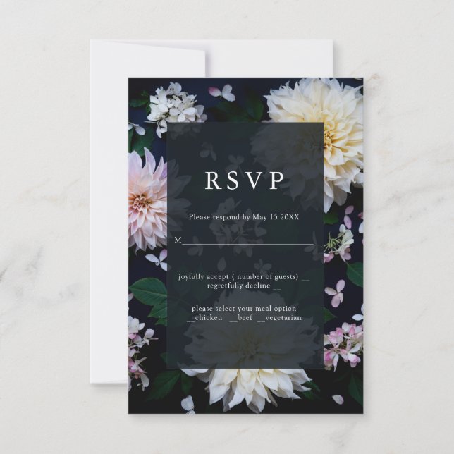 Moody Dahlia floral wedding RSVP green (Front)