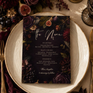 Moody Dark Burgundy Floral Botanical Menu