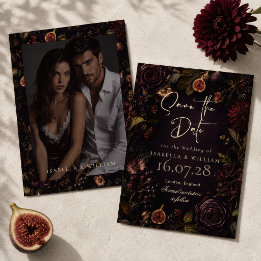 Moody Dark Burgundy Floral Botanical Save The Date