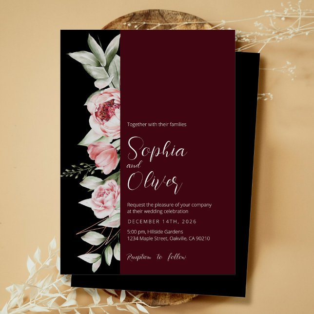 Moody Dark Burgundy Floral Gothic Wedding  Invitation (Creator Uploaded)