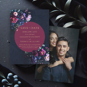 Moody Dark Elegant Floral Burgundy Photo Wedding Save The Date