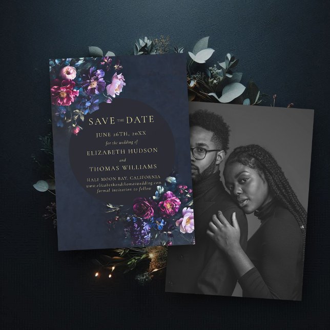 Moody Dark Elegant Floral Navy Photo Wedding Save The Date (wedding save the date moody dark romantic gothic floral navy blue photo invitation)