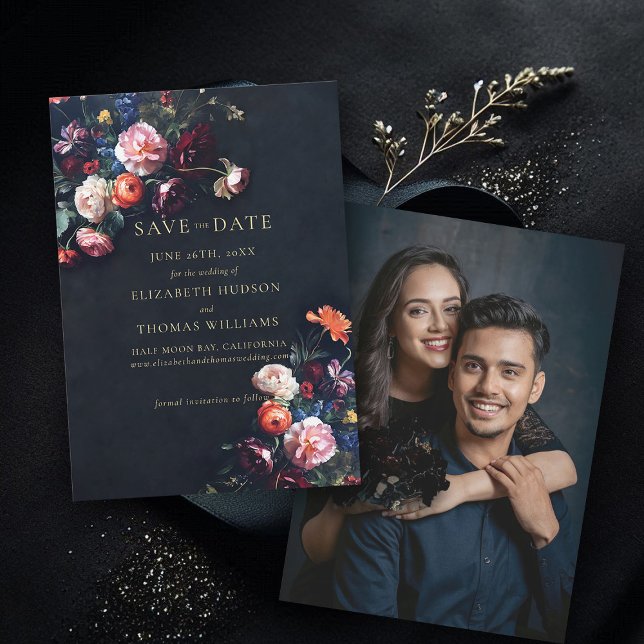Moody Dark Elegant Romantic Floral Photo Wedding Save The Date (wedding save the date moody dark romantic gothic floral black dutch masters photo announcement)