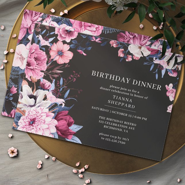 Moody Dark Floral | Black and Pink Birthday Dinner Invitation (Creator Uploaded)
