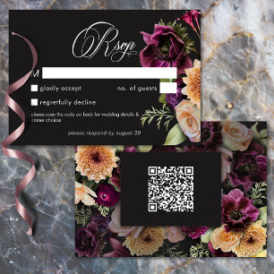 Moody Dark Floral Black Burgundy Romantic Wedding RSVP Card
