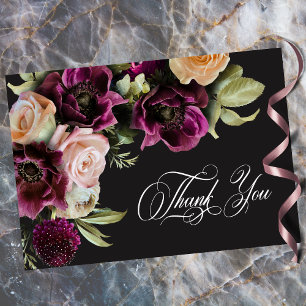 Moody Dark Floral Black Burgundy Romantic Wedding Thank You Card
