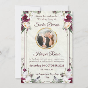 Moody Dark Floral Burgundy and Gold Photo Wedding  Invitation
