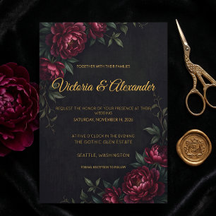 Moody Dark Floral Burgundy Black Wedding Invitatio Invitation