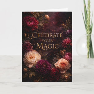 Moody Dark Floral Gold Script Birthday Card