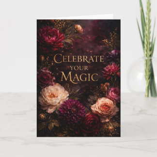 Moody Dark Floral Gold Script Birthday Card