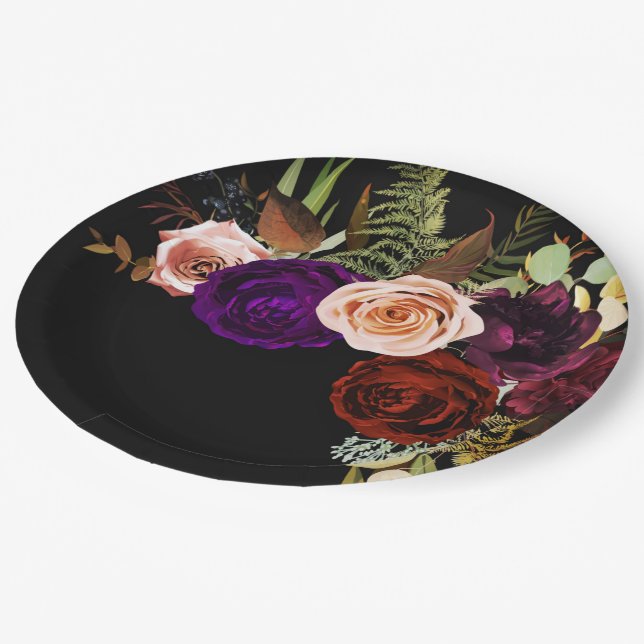 Moody Dark Floral Greenery Bold Colour Chic Weddin Paper Plate (Angled)
