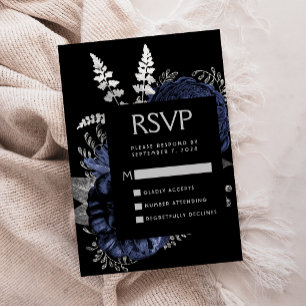 Moody Dark Floral Navy Blue Silver Wedding RSVP Enclosure Card