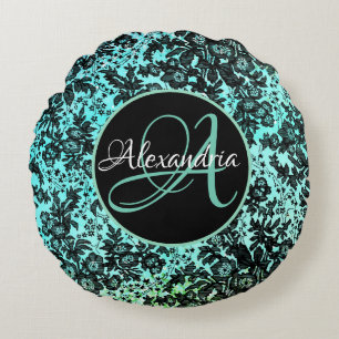 Moody Dark Floral on Turquoise Monogram  Round Cushion
