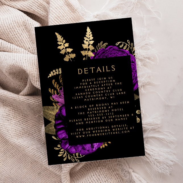 Moody Dark Floral Purple Gold Wedding Details Enclosure Card (Creator Uploaded)
